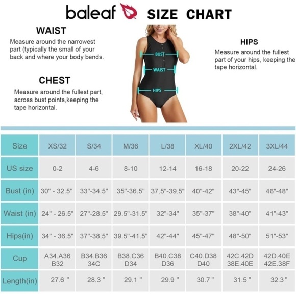 BALEAF Button Up Full Back UPF 50 Swimsuits One Piece Long Torso Padded 40 / XL - Picture 9 of 9